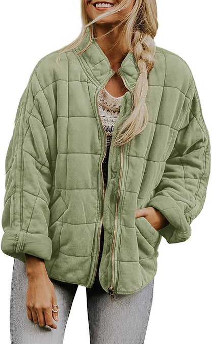 Women's Winter Zip-Up Stand Collar Coat – Plaid Pockets, Long Sleeve
