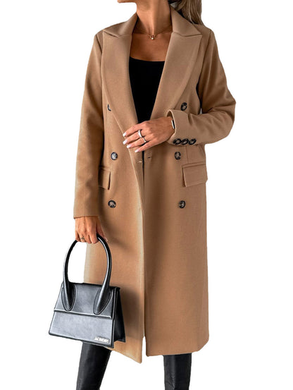 Women's Double Breasted Lapel Long Coat – Slim Winter Jacket