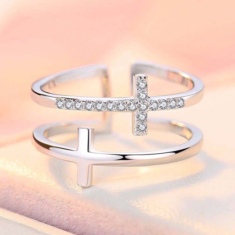 Double Cross Copper Zircon Ring – Miniature Inlaid Fashion Jewelry