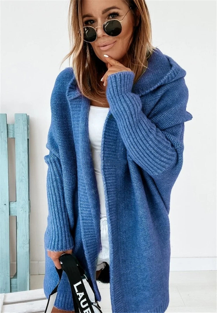 Bat Sleeve Hooded Cardigan – Oversized Knit Sweater for Women