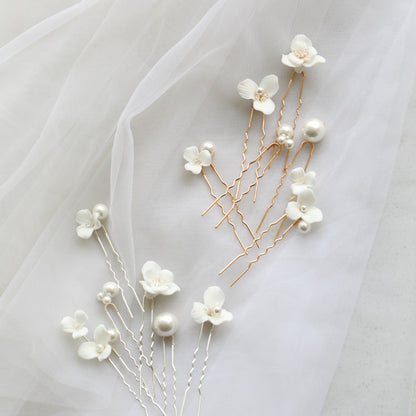 Ceramic Flower Pearl Hairpin – Elegant Bridal Hair Plug for Women