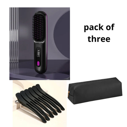 2-in-1 Wireless Hair Straightener Brush | Cordless Hot Comb with LCD & USB Charging