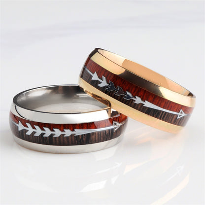Stainless Steel Wood Grain Arrow Inlaid Ring – Nature Jewelry