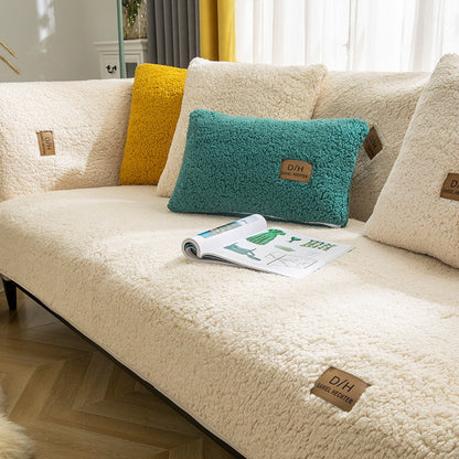 Modern Solid Color Winter Lamb Wool Sofa Cover – Thickened Plush Anti-Slip Couch Cover for Living Room